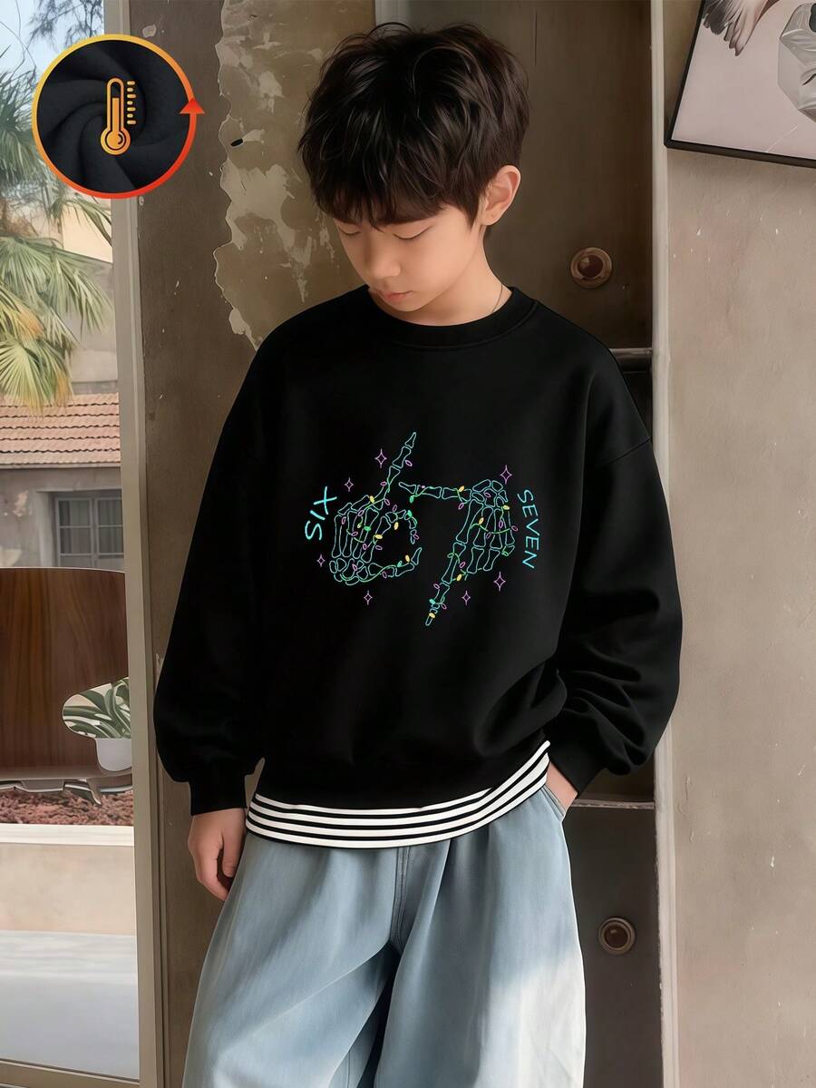 Felpa da ragazzo, in cotone, con numero 67 in paillettes nere, collo tondo casual, spalle cadenti, versatile per autunno/inverno, tessuto spesso, fodera in pile caldo, collo tondo, vestibilità morbida, comoda maglietta a maniche lunghe per bambini - nero - Visualizzare 1