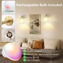 Daoteper Battery Operated Wall Sconces Set Of 2, Wireless Wall Lamp Dimmable Wall Light With Rechargeable 15 RGB Bulb And Remote For Bedroom, Living Room, Hallway - 金色 - 查看 4