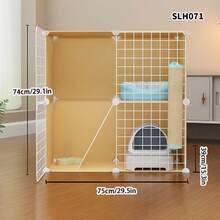 Yellow Cat Cage, Wooden Cat Villa, Freestanding Pet Cage With Iron Wire, Home Cat House