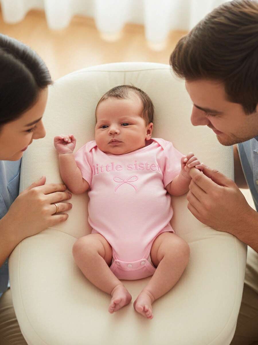 Mono de burbujas para bebé recién nacido, niña, manga corta, lazo bordado para hermana pequeña, camiseta extragrande, camisetas a juego para hermanos, atuendo para revelar el embarazo, ropa de verano - Rosa - Ver 1