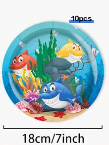 50件套海底世界动物鲨鱼主题一次性餐具套装，包含一次性餐盘、餐巾纸和纸杯，非常适合情人节、露营、露台烧烤、野餐、婚礼、派对和生日、休闲聚会、下午茶等场合，也适合作为派对装饰和生日装饰。