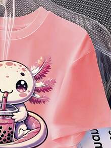 少女卡通印花宽松圆领短袖T恤 - 粉色 - 查看 4