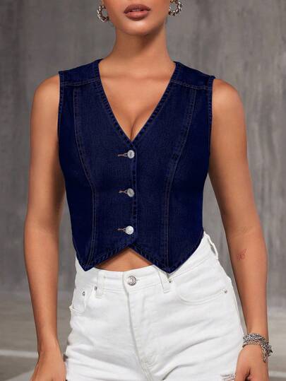 Chaleco vaquero casual alegre, de moda, elegante y sexy, adecuado para uso casual en primavera/verano, vacaciones, escuela, viajes, aeropuerto, uso diario, con cierre de botones delantero
