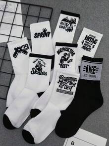 1/5/10 Pairs Random Men's Crew Socks, Fashion Street Skateboard Student Sports Socks, Tall Waist Socks For Men - Black and White - View 3