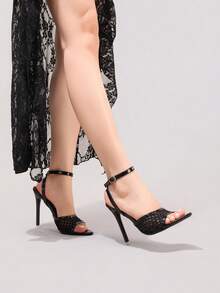 Modische schwarze Spitzen-High-Heel-Sandalen, sexy Spitzenschuhe mit offenem Zehenbereich für Party und Abend, Stilettos mit super hohen Absätzen für Frauen, Frühlings- und Sommeroutfits - Schwarz - Übersicht 10