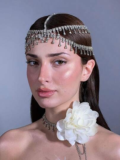 1 pieza Nueva cadena para el cabello con flecos totalmente cubiertos de cristales, accesorio para la cabeza con cristales brillantes de estilo europeo y americano de moda para actuaciones en el escenario