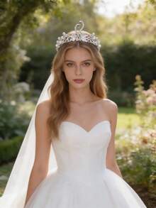 1pc Elegant Women's Silver Rhinestone Faux Pearl Crown, Bridal Wedding Headpiece, Accessories - Silver - View 3