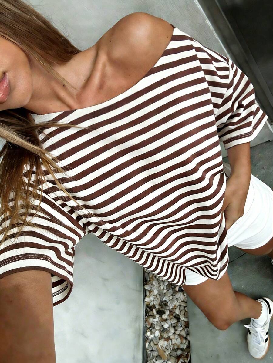 Brown Striped Classic Open Shoulder Loose T-Shirt, Fashionable Y2K Street Style Summer For Women, Casual Top White - White - View 1