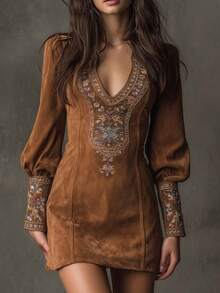 Vestido Midi de Fiesta con Bordado y Cuello V - marrón - Ver 4