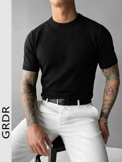  GRDR Men's Solid Color Crew Neck Short Sleeve Knit Sweater, Versatile Spring/Autumn Pullover