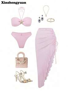 3 pezzi/set Costumi per Capodanno e San Valentino, Bikini elegante con nodo alla scollatura, colore unito sexy e arricciato, slip a vita alta con media elasticità, moda europea e americana, orlo ondulato, gonna plissettata con bordo a volant, adatto per vacanze, spiaggia e piscina in estate - Rosa Baby - Visualizzare 9