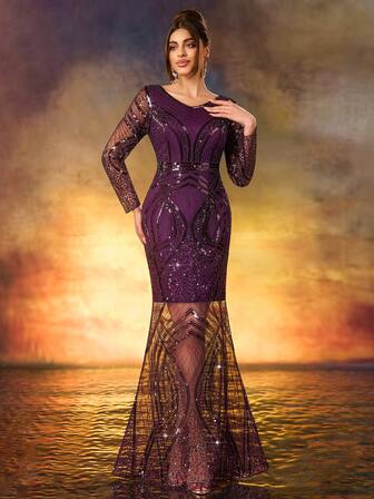 Elegant Sexy V-Neck Sequin Patchwork Long Sleeve Formal Dress