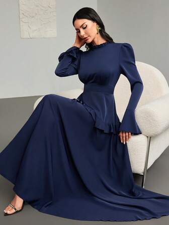 Women's Elegant Middle Eastern-Inspired Vintage French Chic Dress – Featuring A Multi-Layered Design, Ruffled Neckline And Hem, Wide A-Line Silhouette, Flared Sleeves, And Draped Shoulder Details – Is Perfect For Spring/Autumn Wear And Parties.