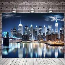 New York City Night Skyline Backdrop - 1pc Polyester Wall Decor For Home, Studio & Party Banners, Manhattan Skyscraper, Lighting Background Video, Banner Decorations - 彩色 - 查看 9