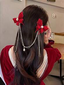 1 chiếc kẹp tóc tua rua nơ ngọc trai dành cho nữ, màu đỏ, kiểu Trung Quốc, phù hợp cho phái nữ, kẹp càng cua, kẹp tóc cài, kẹp tóc cài đầu, phụ kiện tóc cho nữ - Nhiều màu - Xem 3