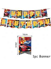 Suministros para fiesta de cumpleaños de carrera de autos, platos, servilletas, vasos, mantel, decoración de pastel, bandera de jalón, bandera a cuadros, juego de dos piezas de vajilla de carreras con tema de carreras, decoraciones de pista negra de carreras, oferta de Navidad - Multicolor - Ver 10