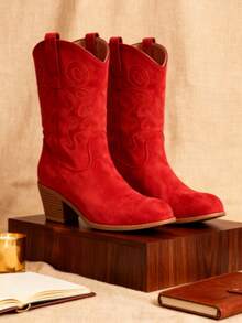 Women's Suede Embroidered Western Ankle Boots With Block Heel - 紅色 - 查看 2