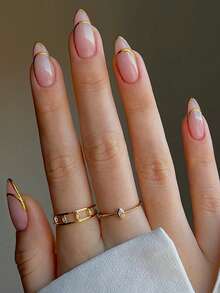 24 uñas acrílicas de forma de almendra de tamaño mediano con efecto dorado cromado francés, set de uñas postizas rosas Y2K adecuado para salones de uñas, niñas y mujeres como accesorios de uñas para uso diario, fiestas y regalos - Multicolor - Ver 1