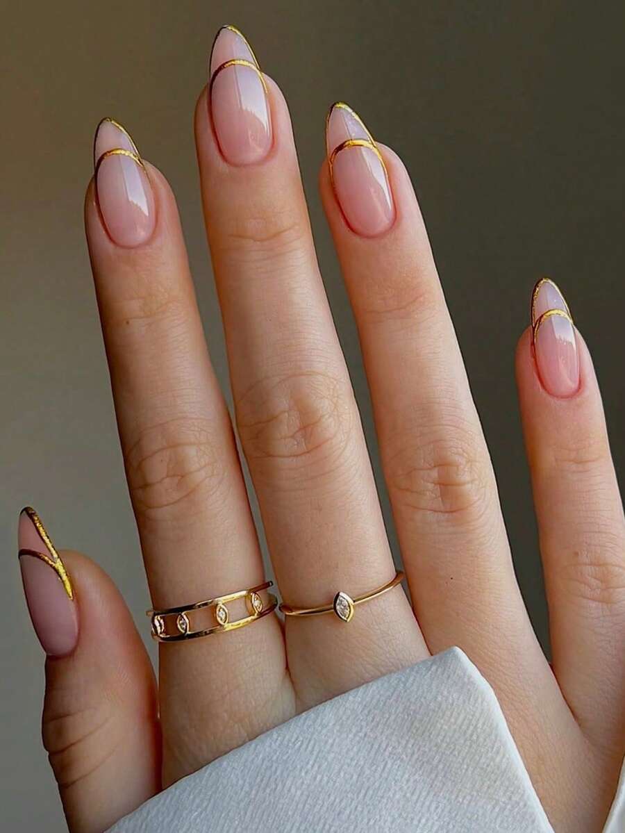 24 uñas acrílicas de forma de almendra de tamaño mediano con efecto dorado cromado francés, set de uñas postizas rosas Y2K adecuado para salones de uñas, niñas y mujeres como accesorios de uñas para uso diario, fiestas y regalos - Multicolor - Ver 1