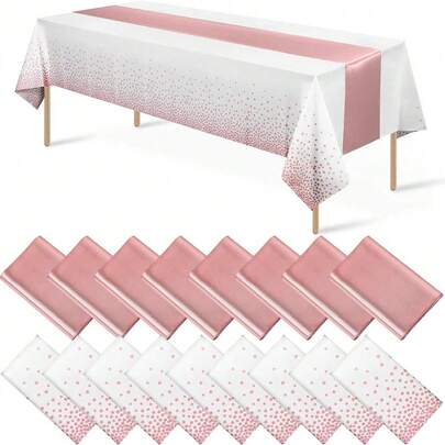 1 Set Disposable Plastic Tablecloth & Table Runner, White Polka Dot Tablecloth With Matching Table Runner, Suitable For Wedding, Birthday Party, Baby Shower, Anniversary, Engagement Ceremony, Christmas Party Decorations