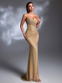 香槟色闪亮水钻网纱不对称褶皱高开衩鱼尾修身奢华晚礼服，适合春季婚礼 - 香檳色 - 查看 7