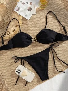 新盛源 2 件套新年、情人节服装，优雅黑色比基尼套装，女士款，正面系带细肩带，侧边系带可调节泳裤，可拆卸泳衣胸垫，节日服装，女士泳装，假日搭配服装，夏季阳光沙滩服装，冬季温泉泳衣泳裤。 - 黑色 - 查看 8