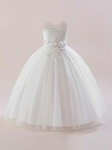 Tween Girls Embroidered Mesh Elegant Party Dress, Suitable For Hosting And Attending Formal Events, Excluding Headband - White - View 3