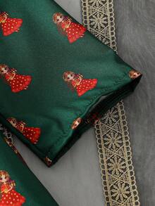 Young Girl' Fashionable Casual Cute Middle Eastern Style Green Printed Dress + Lace Mesh Shawl Jacket - Green - View 4