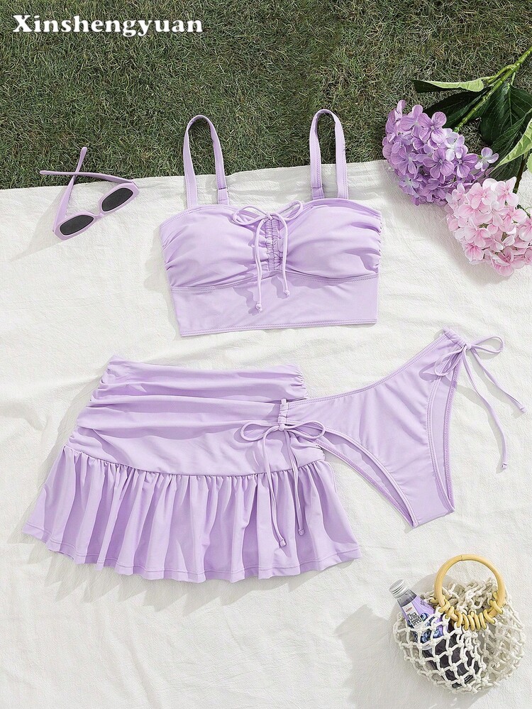 Bộ bikini màu trơn, thích hợp cho kỳ nghỉ hè ở bãi biển. - Màu tím - Xem 7