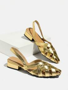 Giày bệt nữ mũi nhọn, quai chéo, gót chunky thấp, màu vàng đồng khoét rỗng. - Vàng - Xem 6