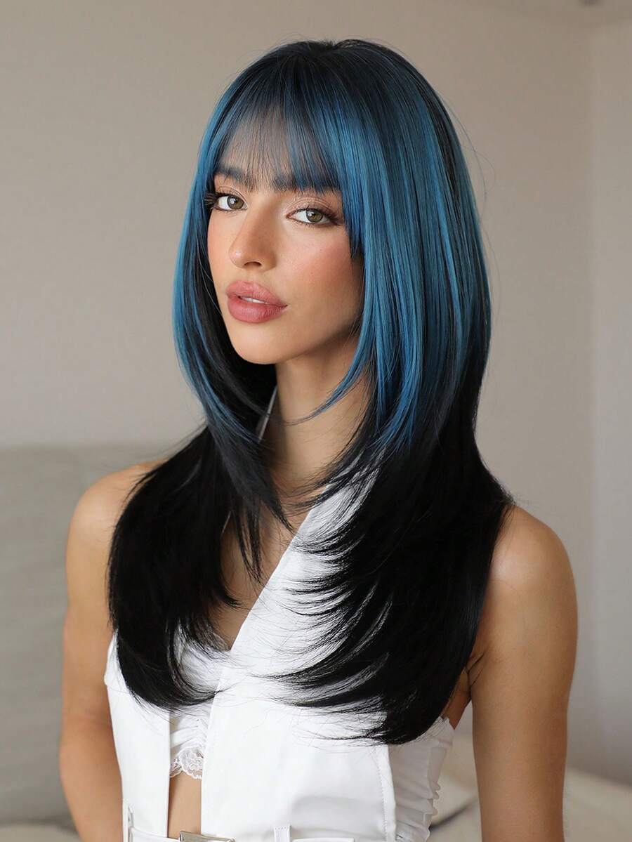 20英寸长直假发，带刘海，棕色，耐热合成纤维，适合初学者，日常及派对佩戴。 - 漸層藍色 - 查看 1