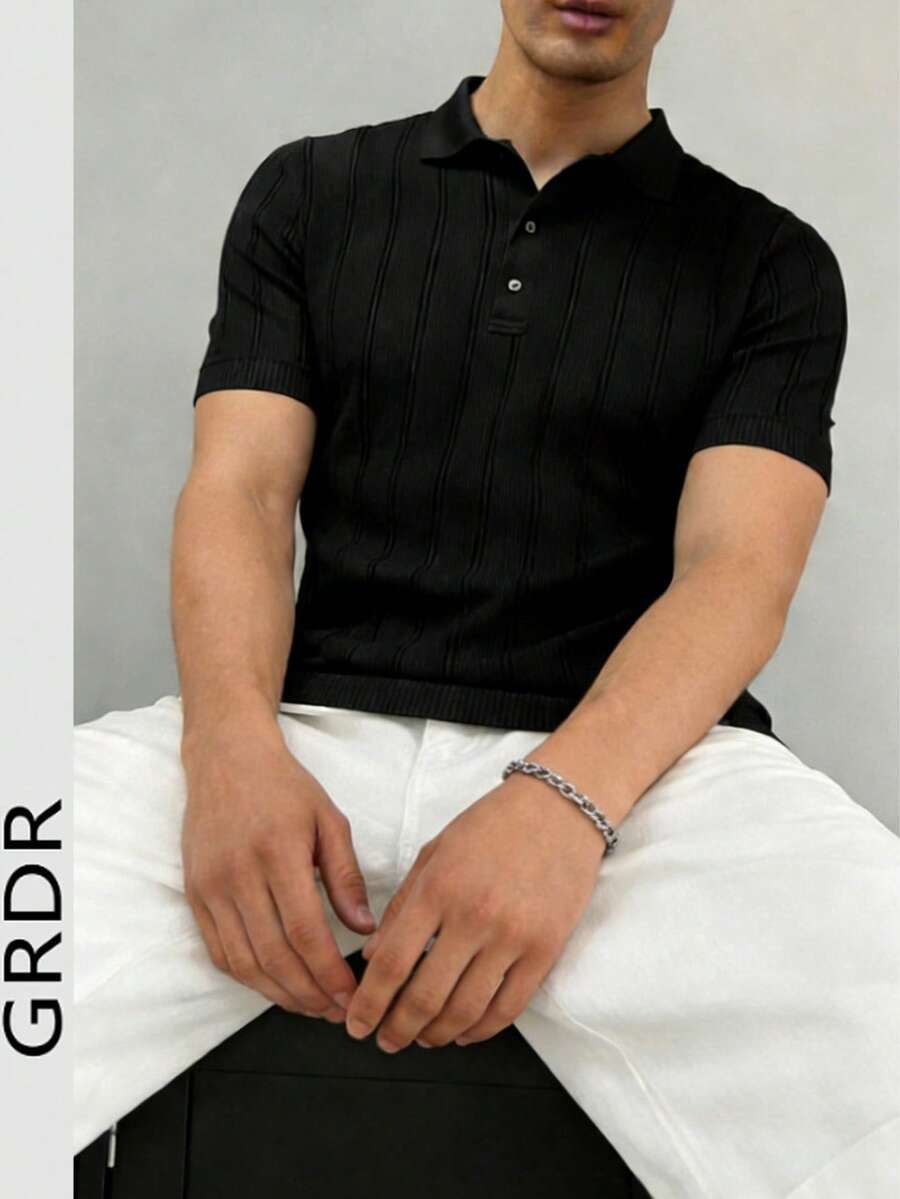 GRDR Men's Casual Fashion Knit Polo Shirt - Minimalist Versatile Collared Short Sleeve - Black - View 1