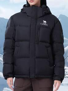 CAMEL CROWN Letter Pattern Drawstring Hooded Down Jacket, Versatile For Winter - Phantom Black - View 2