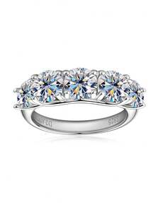 XUJIA 1pc 5-Stone Ring, Women's Round Cut Moissanite Engagement Ring, 925 Sterling Silver, D-E Color, VVS1 Clarity, 6.5mm, 6mm And 5mm Moissanite, Anniversary Wedding Band, Jewelry Gift - Silver - View 2