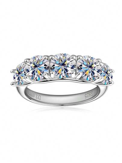 XUJIA 1 pieza Anillo de 5 piedras, anillo de compromiso de mujer con moissanita de corte redondo, plata esterlina 925, color D-E, claridad VVS1, 6.5mm, 6mm y 5mm de moissanita, banda de aniversario de boda, regalo de joyería