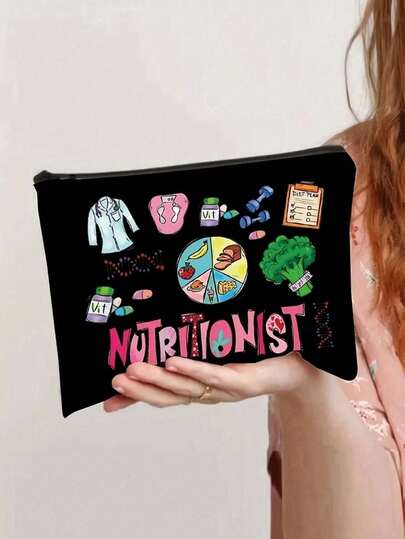 营养师印花收纳袋，粉色字母图案，大容量化妆包，旅行便携化妆包，分类收纳袋，旅行纪念品女士化妆包，学生文具包，家庭药品包，小型配件包