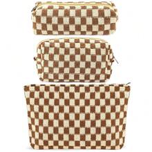 ZLFSRQ 3Pcs Checkered Makeup Bag For Women Large Small Checkered Cosmetic Bag Set Aesthetic Preppy Pencil Case Cute Pencil Pouch Brown Makeup Pouch For Purse Travel Toiletry Bags Zipper Skincare Bags - B-格子3件裝混合棕色 - 查看 2
