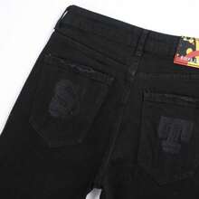 Nueva llegada de jeans para hombres, estilo urbano, negros, bordados, elásticos, ajustados, rectos, pantalones de mezclilla para adolescentes con bordado de letras, moda cómoda y elegante, ropa casual. - Negro - Ver 6