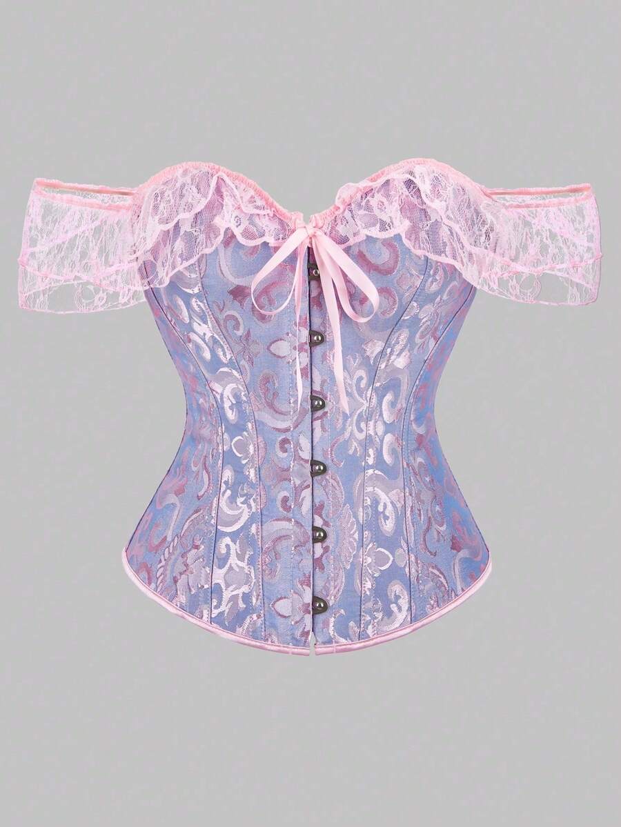 1 chiếc đầm dạ hội cỡ lớn dành cho nữ, kiểu dáng cổ điển, chất liệu ren, cúp ngực, hở vai, buộc dây phía sau, thích hợp cho đám cưới. - Màu tím hoa cà - Xem 1