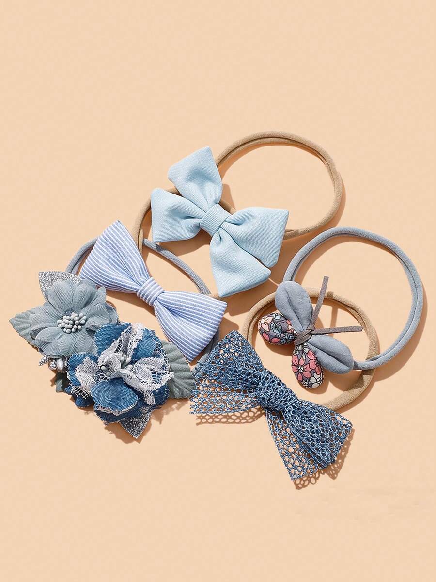 5件套可爱蓝色蝴蝶结花朵弹力尼龙新生儿发带，婴儿摄影发饰（不含纸卡） - 彩色 - 查看 1