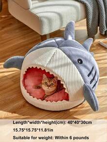 1 pieza Cama para gato/perro con forma de tiburón, casa de dormir cerrada para mascotas, diseño lindo adecuado para gatos y perros pequeños/medianos/grandes, para uso en todas las estaciones - Azul Marino - Ver 2