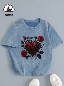 Áo thun nữ cỡ lớn tay ngắn, kiểu dáng thường ngày, có thể giặt máy, thoải mái, rộng rãi, phù hợp cho mọi mùa, thiết kế đồ họa độc đáo, món quà Valentine hoàn hảo, áo thun nữ cỡ lớn màu đen đã qua xử lý, quà tặng Valentine, quà tặng unisex. - Xanh đậm - Xem 5