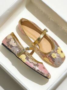 Zapatos Mary Jane planos con lentejuelas y hebilla de oro, de moda y talla grande para mujeres. Diseño floral calado, cómodos para ir al trabajo y de vacaciones. Nuevos para el verano - Dorado - Ver 3