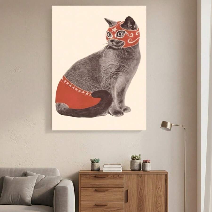Framed 2D Flat, 1pc Lucha Libre Cat Art Print - Mexican Wrestling Mask Poster With Red & White Stripes, 2D Flat Canvas  With Frame, Modern Wall Decor For Living Room, Office, Bar, Cafe - Unique Gift For Birthdays, Father's Day, Graduation, Mexican Wall Art, Home Decoration, Playful Design, Framed Artwork, Home Decorators, 2D Flat - Đóng khung - Xem 1
