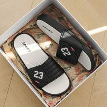 Men's No. 23 Sports Slide Sandals - Summer Outdoor Non-Slip Thick Sole Slippers, Suitable For Home, Bathroom, Beach, With Adjustable Hook And Loop, Available In Plus Size - Black - View 12