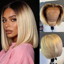 Ombre Blonde Short Bob Wig 200% Density Short Straight Lace Front Wigs Human Hair Ombre Ash Blonde Straight Lace Front Wig For Women Glueless 13x4 HD Lace Front Wig With Baby Hair Dark Roots Blonde Wig For Daily Wear Christmas New Year's Party Wig - 漸層金髮 - 查看 5