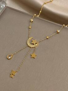 Star & Moon Pendant Earrings, Gold Long Necklace, Women's Stainless Steel Jewelry Set With Rhinestones, Daily/Birthday/Christmas Gift - Multicolor - View 3
