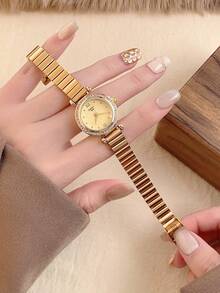 1pc Gold Round Women's Quartz Watch Minimalist Retro Style Fashion Art Design Commuting Watch Daily Matching Holiday Ideal Choice - Gold - View 2