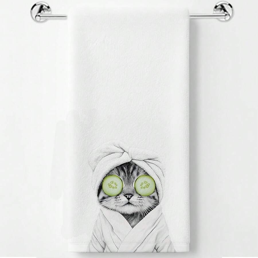 Funny Cat Lover Gifts Hand Towels–Upgraded Fabric, Cute Cat With CucFUmberss Slices Hand Towels For Bathroom Washroom Restroom Decor, Cats Gifts For Women, 16x24 Inch - 升級版棉毛巾-Cat02 - 查看 1