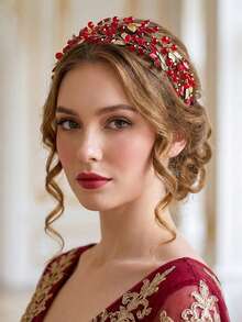 1件水钻双排发箍，闪亮合金叶片装饰水晶发箍，适合新娘、婚礼、派对、约会、休闲、情人节等场合，女士发饰 - 紅色 - 查看 5